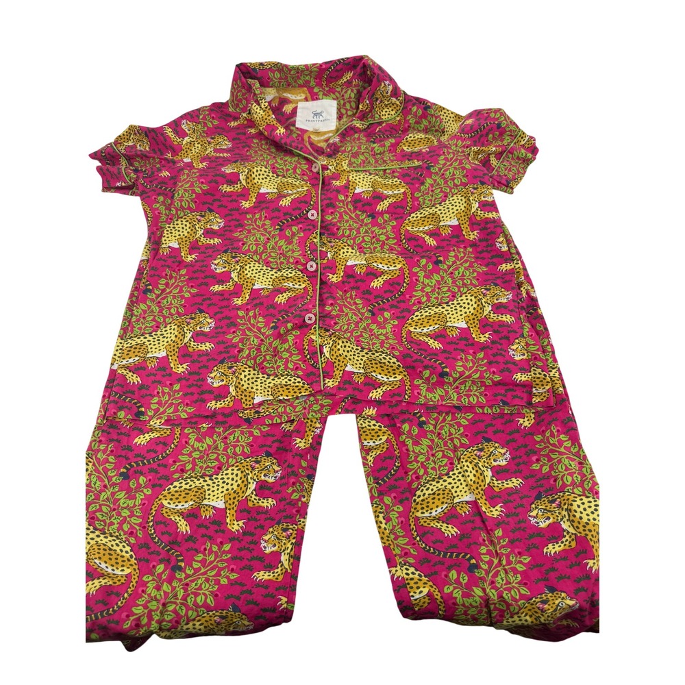 Printfresh Pajama Set Women M Magenta Leopard Print Cotton Short Sleeve PJs